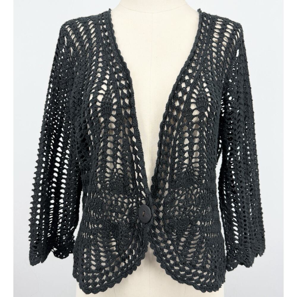 IB Diffusion Womens Black Crochet Open Knit Cardigan Medium Button Festival
